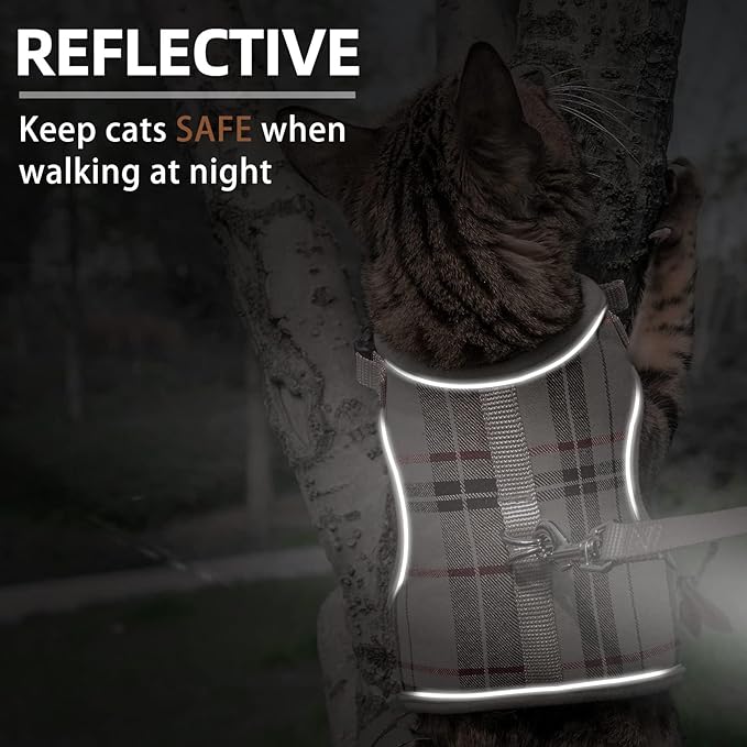 PUPTECK Soft Mesh Cat Vest Harness and Leash Set Puppy Padded Pet Harnesses Escape Proof for Cats Small Dogs Rabbits Bunny, Plaid Beige, M