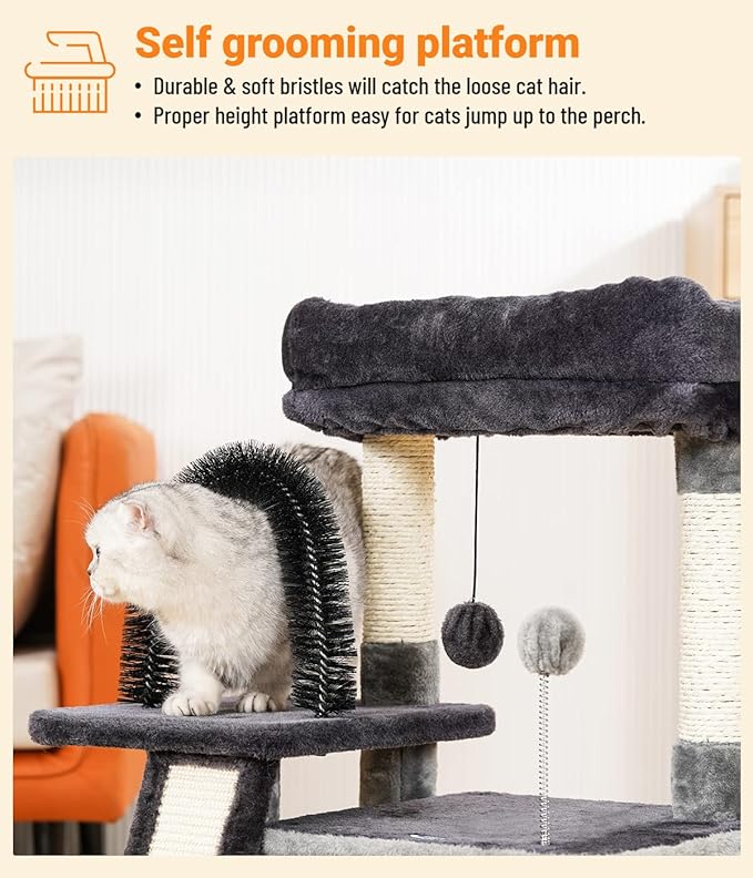 Happi N Pets Cat Tree Tower for Indoor Cats, Multi-Level Cat Tree with Scratching Posts & Pads, Cozy Cat Perch, Cat Self Groomer and Interactive Toys, Featuring with Large Cat Cave, Smokey Gray