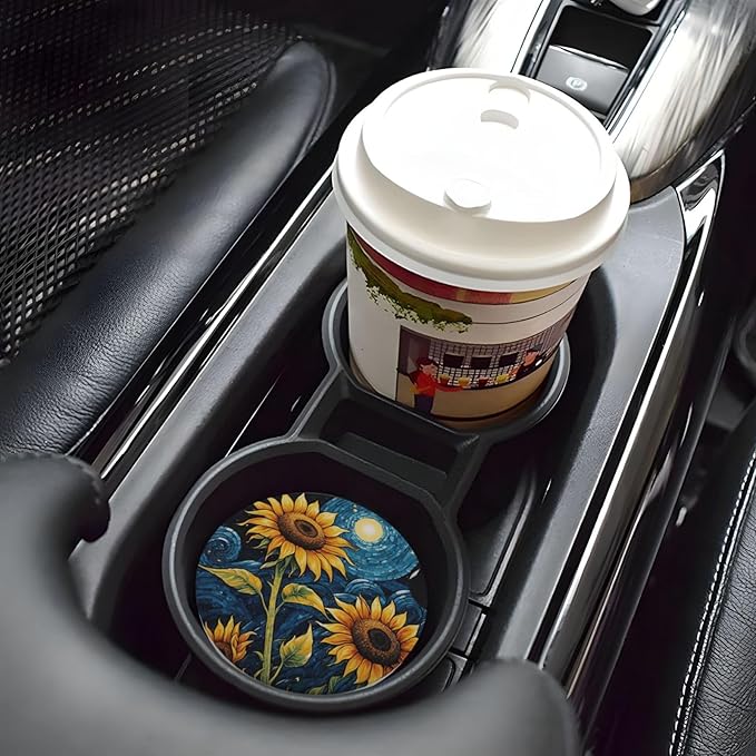Absorbent Ceramic Car Coasters for Cup Holders, Sunflower Starry Sky Oil Painting Design 2.56" Anti Slip Universal Drink Cup Coasters for Women Men (2 Pack)