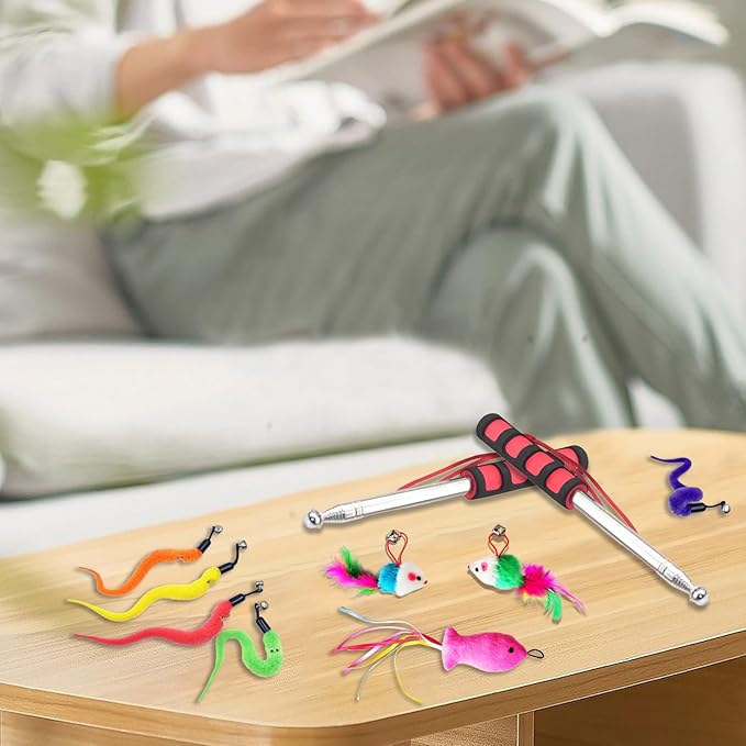 8pcs Replacement Teaser with Bell and 2pcs Retractable Cat Toys Wand(Red),Cat Feather Toys for Indoor Cats and Outdoor Cats.