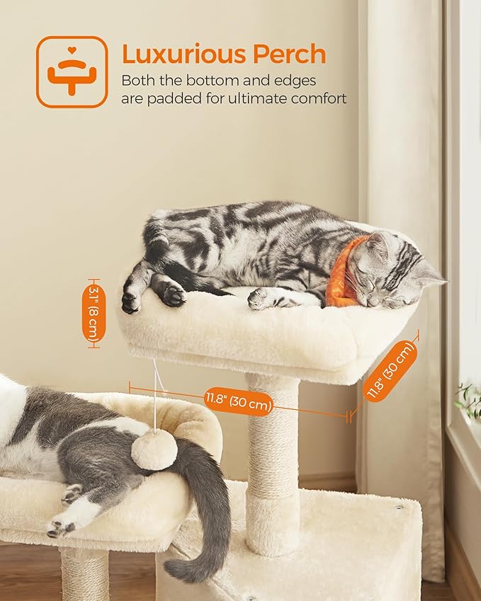 Feandrea Cat Tower, Cat Tree for Indoor Cats, 45.3-Inch Cat Condo with Scratching Post, Ramp, Perch, Spacious Cat Cave, for Kittens, Elderly Cats, Adult Cats, Small Space, Beige UPCT141M01