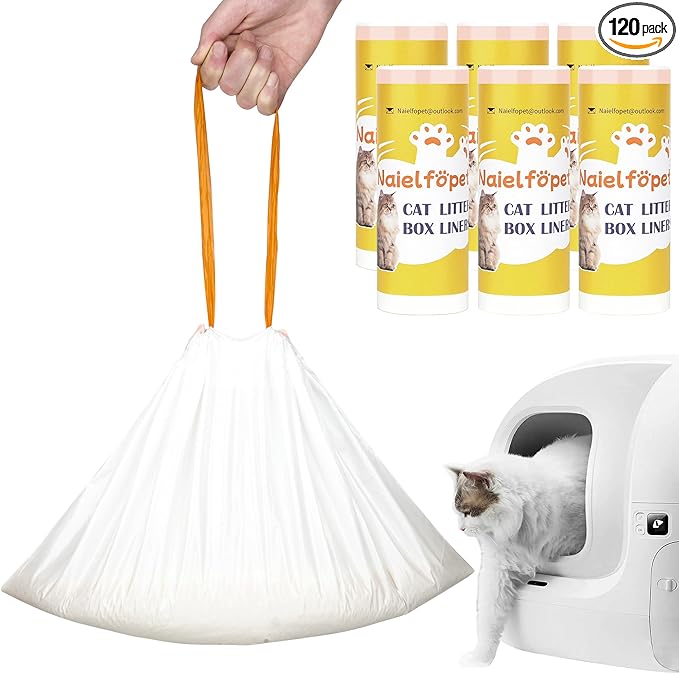 120 Count Cat Litter Box Liner Bags, 21" x 11" Disposable Automatic Cat Litter Waste Bags, Drawstring Heavy Duty Cat Litter Trash Bags Suit for PuraX PuraMax PuraMax2