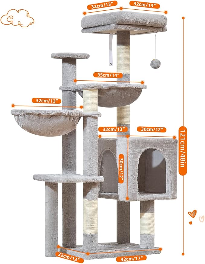 Taoqimiao Cat Tree, 48-Inch Cat Tower for Kittens, Cat Tree Tower with 5 Scratching Posts, Plush Cat Condo with Plush Perch, 2 Hammock, Pompoms, Light Gray MS019L-W