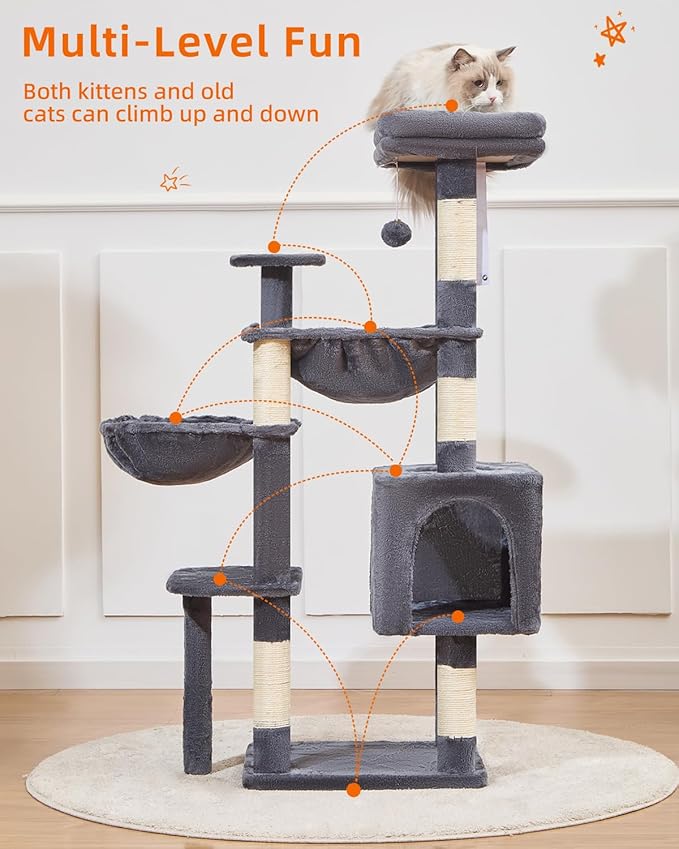 Taoqimiao Cat Tree, 51-Inch Cat Tower for Kittens, Cat Tree Tower with 5 Scratching Posts, Plush Cat Condo with Plush Perch, 2 Hammock, Pompoms, Smoky Gray MS019XL-G