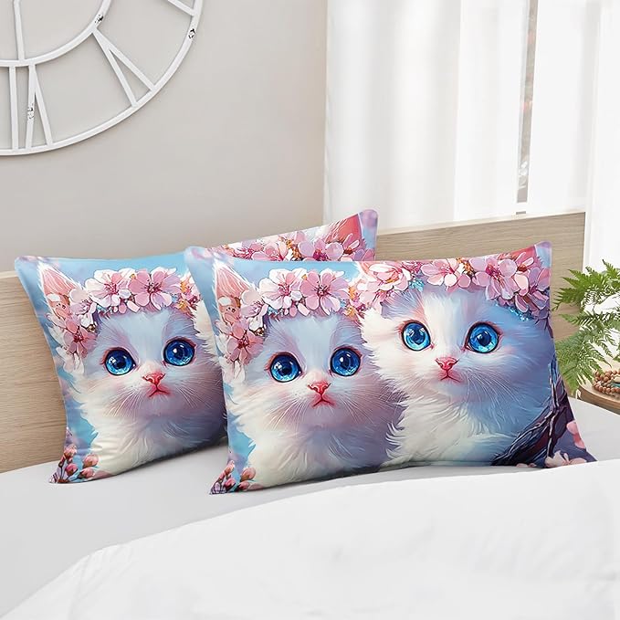 AILONEN Kids Cute Cat Bedding Full Size,Beautiful Fairy Cat Girls Comforter Set,Pink Flower Cat Comforter Set,Kawaii Cat Duvet,1 Comforter with 2 Pillowcases,3 Pieces