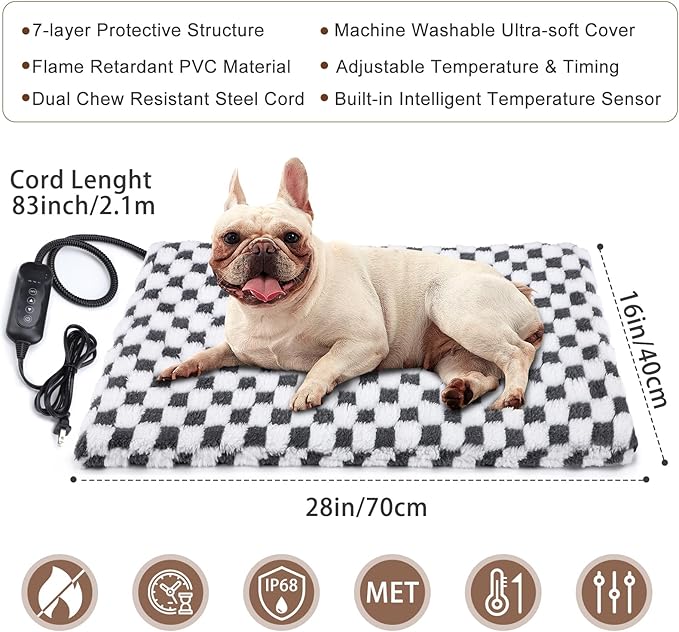 MIXJOY Heated Dog Bed, 11 Adjustable Temperature Dog Heating Pad Indoor with Timer, Pet Heating Pad for Dogs Cats, Electric Cat Heating Pad with Washable Cover, Heated Pet bed-28''x16'', Medium