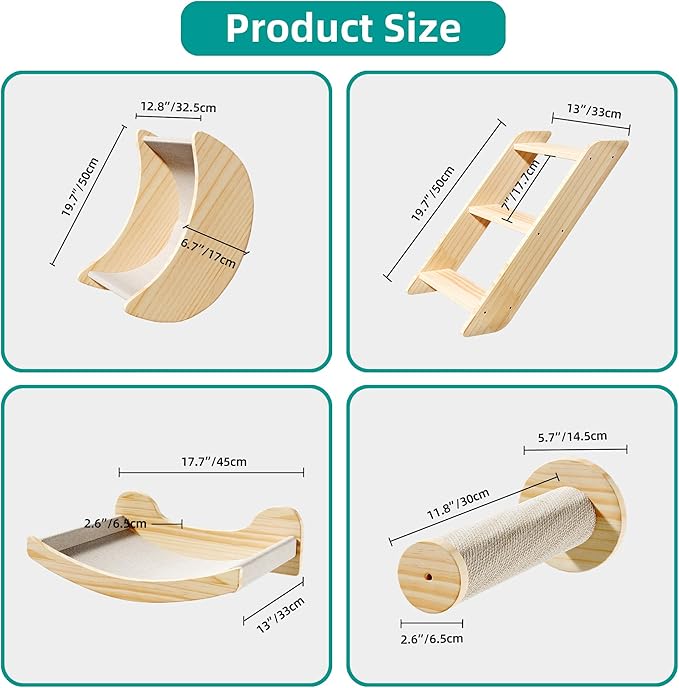 YITAHOME Solid Wood Cat Wall Shelves and Perches for Wall, Pine Wall Mounted Cat Tree Set of 5, Cat Climbing Shelves with Moon Cat House, Cat Bridge Ladder Indoor Mounted Condos House