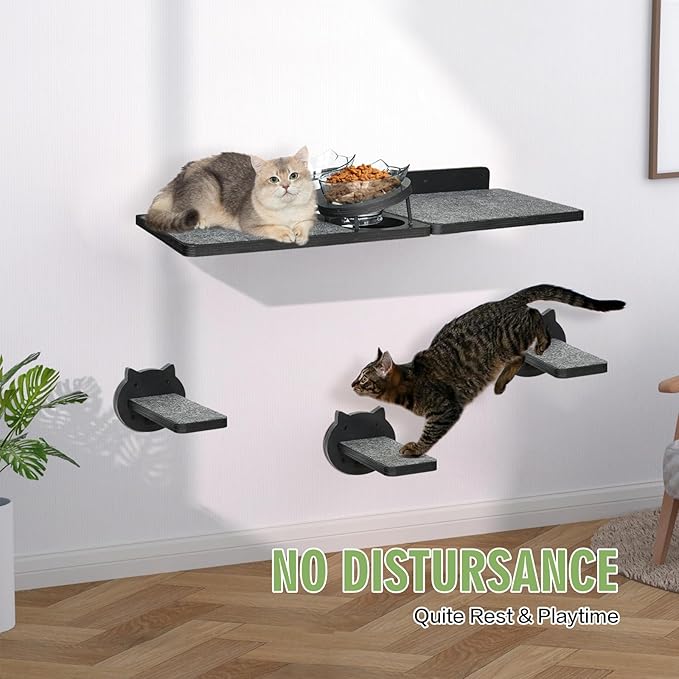 Cat Wall Shelves, Wood Cat Shelves for Wall with Cat Feeding Station, Cat Wall Furniture with 3 Cat Wall Steps, Cat Shelves and Perches, Wall Mounted Cat Climbing Shelf, Cat Lover Gift, 3 Board