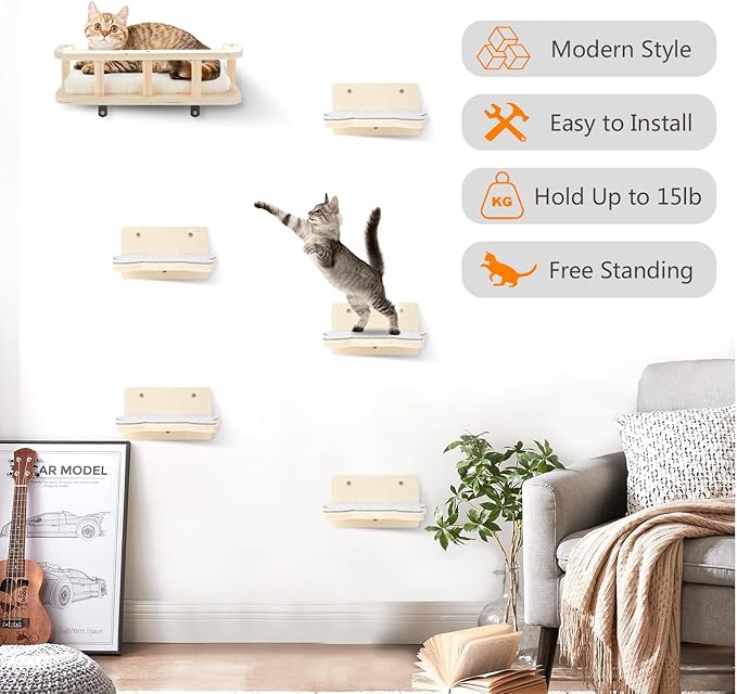 Cat Wall Shelves with 5 Steps, Cat Shelves and Perches for Wall, Cat Wall Furniture Cat Climbing Shelf for Indoor with Plush Covered, Gift for Medium/Small Cat (Gray Steps, 1pack)
