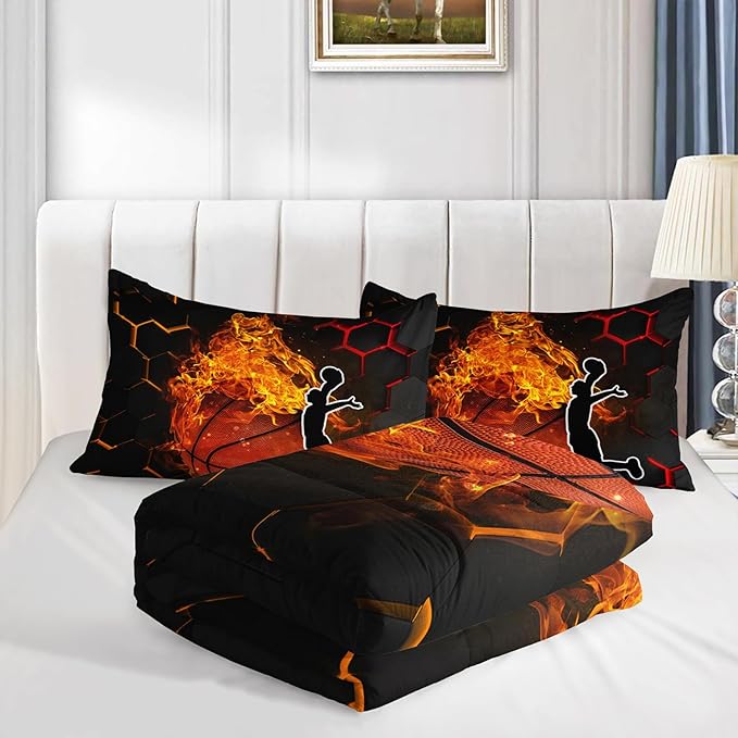 Basketball Bedding Full Size,Black Honeycomb Background Comforter Flame Basketball Print Bedding Set for Boys Girls Bedroom Decor,Slam Dunk Sports Themed Sets Comforter with 2 Pillowcases.