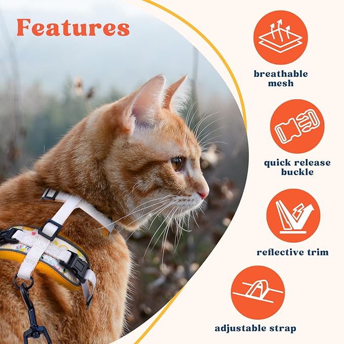 Cat Harness and Leash Set for Walking, Escape Proof Vest Harnesses for Cats, Breathable Mesh with Reflective Strips - (Modern Cat), Small