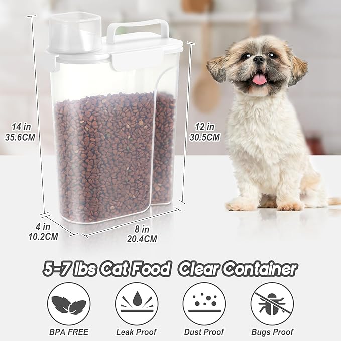 5-7LBS Plastic Dog Food and Cat Food Storage Container Does not Contain PBA. The Pet Food Storage Container with 4-Buckle Handle Design is Leak-Proof, Easy to Clean and Portable