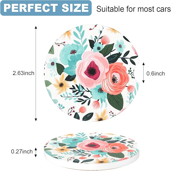 2 Pack Car Cup Holder Coaster, 2.63 inch Anti Slip Insert Absorbent Ceramic Car Coaster with Cork Base and Finger Notch, Cute Car Accessories Interior for Women, Cute Car Coasters., CH0025