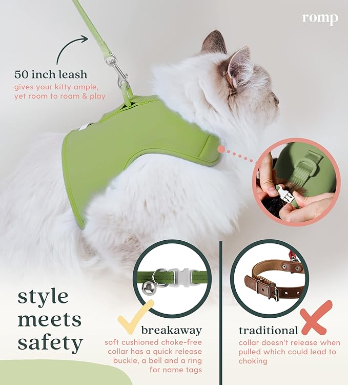 Cat Harness, Collar & Leash Set - Escape Proof Adjustable Choke Free Velcro Harness Vest for Walking Cats & Kittens (Matcha Green, Small)