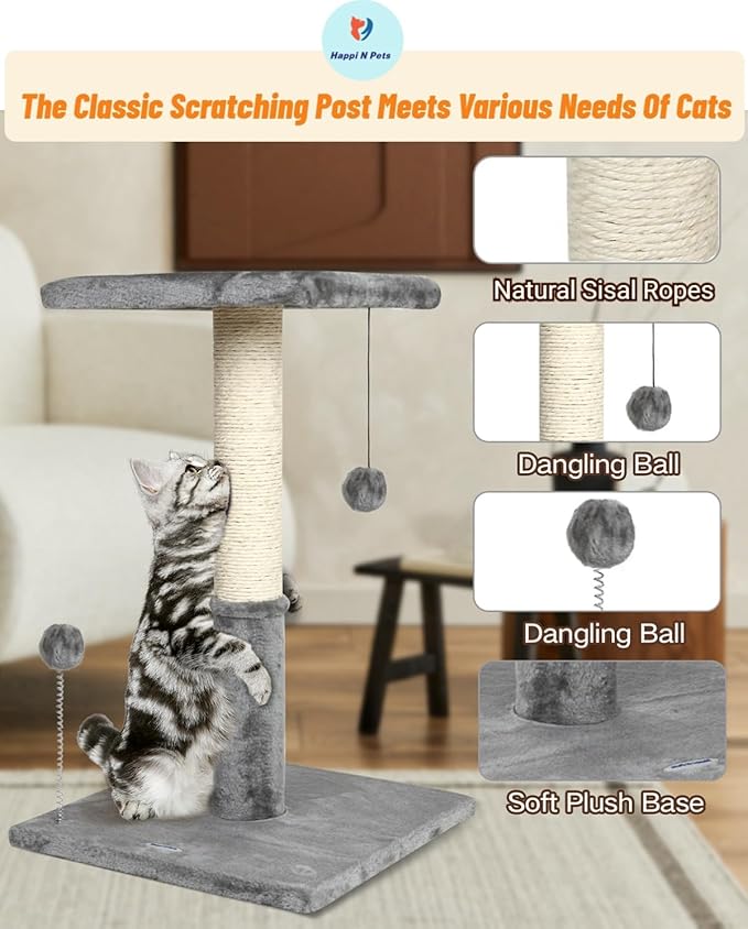 Happi N Pets 26" Cat Scratching Post with Perch, Natural Sisal Scratchers Trees for Indoor Cats, Featuring with Hanging Balls & Cozy Cat Bed, Stable Cat Scratch Posts for Kittens-Light Gray