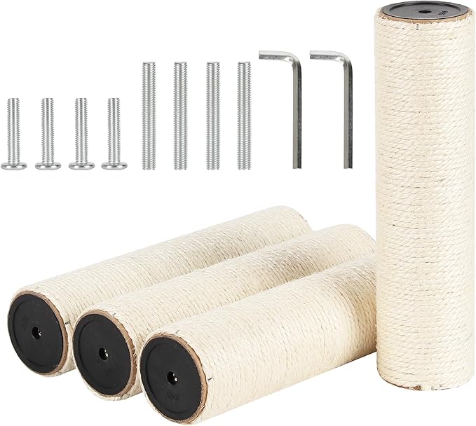 4 Pcs 3.1in 7.9cm Diameter Cat Scratching Post Replacement Sisal Pole with Screws and Bolts and Wrench for Cat Tree Condo (30cm/11.81in, M8)