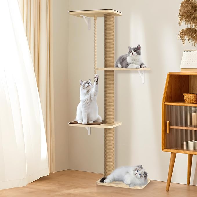 Cat Tree Wall Mounted 4 Tier at Climbing Wall Shelves with Scratcher Post for Indoor Cats Activity, Large Cat Wall Furniture with Cat Pads and Rope