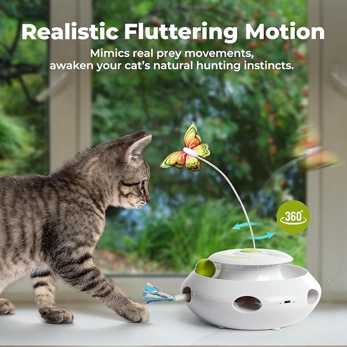 ALL FOR PAWS 3 in 1 Interactive Cat Butterfly Flutter Toy with Rolling Balls, Poping Feather Toy Automatic Kitten Spinner Toys Mental Stimulation for Indoor Cats, USB Rechargeable Kitty Toys