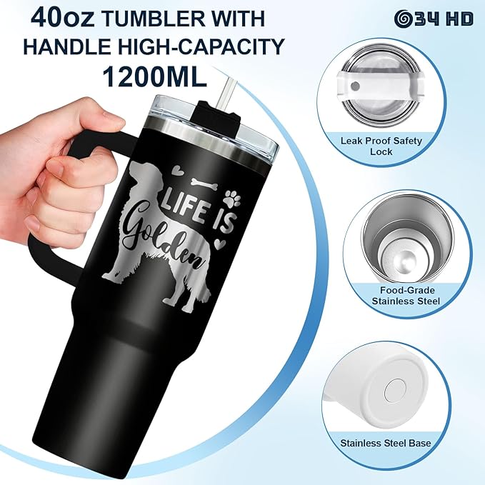 34HD Funny Golden Retriever Tumbler 40oz with Handle – Stainless Steel Insulated Dog Lover Cup – Life is Golden Travel Mug – Dog Mom Gift for Birthday, Christmas, Mother’s Day