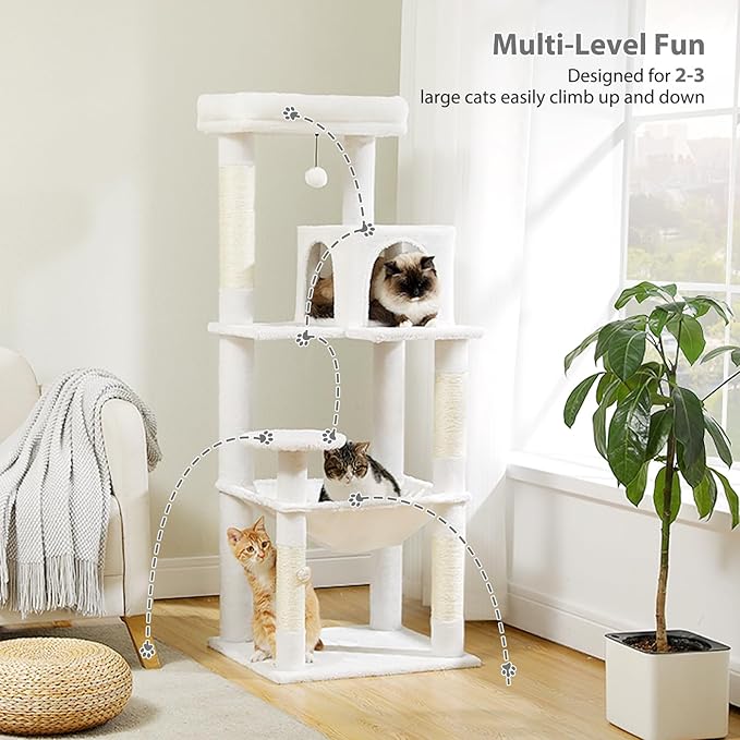 PETEPELA 56.3'' Tall Cat Tree for Indoor Large Cats, Multi-Level Cat Tower with Super Large Hammock (20''X16''), Sisal Covered Scratching Posts, Cozy Condo and Top Perch,White
