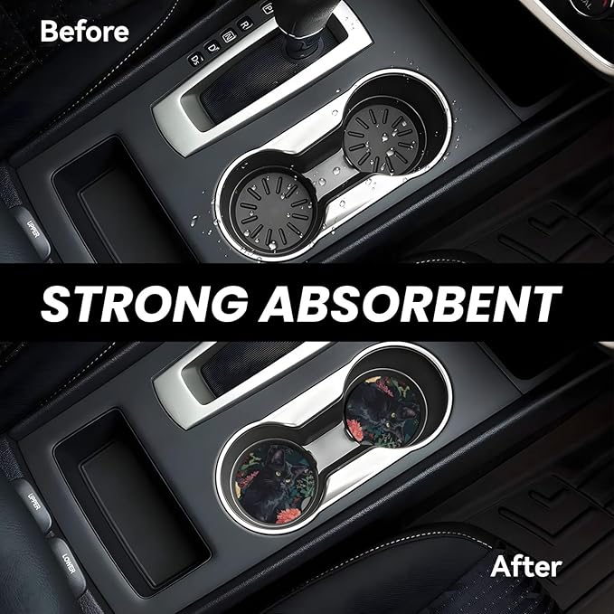 Absorbent Ceramic Car Coasters for Cup Holders, Vintage Flower Black Cat Design 2.56" Anti Slip Universal Drink Cup Coasters for Women Men (2 Pack)