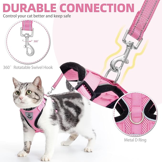 PUPTECK Cat Harness and Leash Set Escape Proof Reflective Cat Walking Harness Adjustable Soft Breathable Mesh Vest for Small Pets, Light Pink, XS