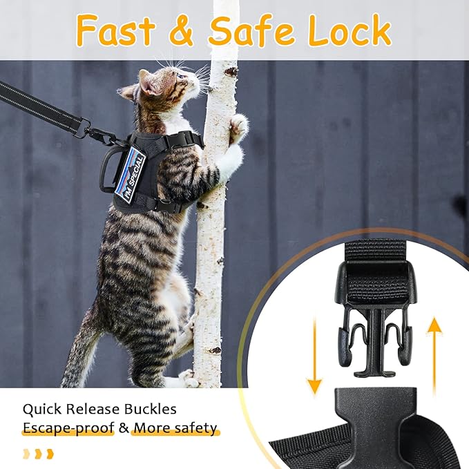Tactical Cat Harness for Walking, Adjustable Escape Proof Pet Vest for Large Cat,Easy Control Breathable Cat Vest with Handle，Molle Patches (Black, L)