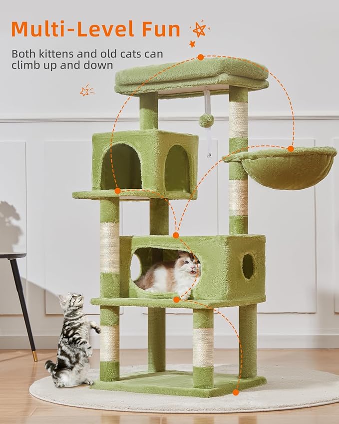 Taoqimiao Cat Tree,48.8-Inch Cat Tower for Indoor Cats,2 Luxurious cat condo with Adjustable Large Hanging Baskets and Large Luxurious Perch Green MS029LGR