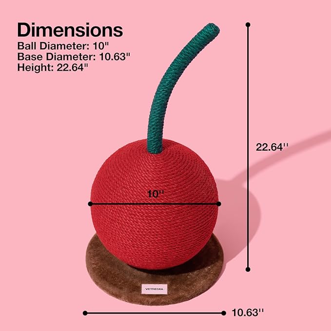 VETRESKA Cherry Cat Scratching Post, 22.64" Tall Cat Scratcher with Sisal Rope Ball, Vertical Cat Scratch Post Claw Scratchers for Indoor Cats, Kitten Supplies