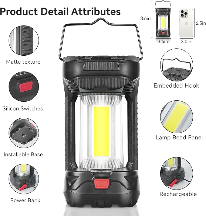 AlpsWolf 1000 Lumens Rechargeable Camping Lantern - 4000mAh Phone Charger, IPX4 Waterproof, 4 Light Modes & SOS Strobe, LED Lantern for Camping, Power Outage, Emergencies (1 Pack-Black)