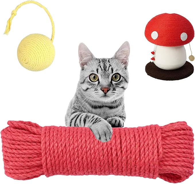 Multicolor Natural Hemp Rope, Cat Scratching Posts Replacement Rope,Repair and Replace Scratching Post cat Tree, 1/4" Rope DIY Cat Jute Twine,Come with a Play Ball.(65FT, Red)