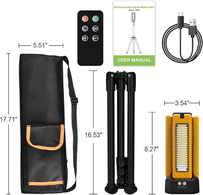 13200mAh Rechargeable Solar Work Light with Folding Stand Support and Portable Carrying Bag, 8000 Lumen Stepless Dimmable, 4 Lighting Modes, White/Warm/Warm White (Remote)