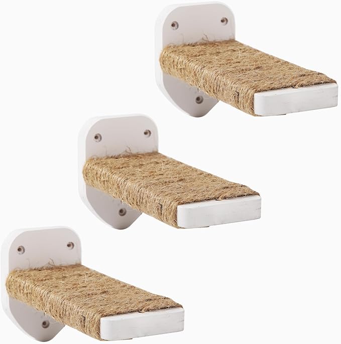 3 Pcs Cat Wall Steps, Cat Shelves and Perches for Wall, Wall-Mounted Cat Climbing Shelf with Hemp Rope Covered, Cat Wall Furniture Steps Set with Scratching Pads for Cats Playing and Climbing (White)