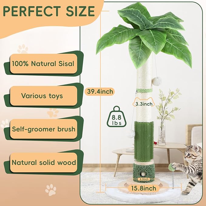 Cat Scratching Post for Indoor Cats Adults-39.4'' Tall Cat Scratcher with Nature Sisal Rope,Cat Toy Interactive Ball Self Groomer,Large Scratching Post for for All Cats Protect Your Furniture