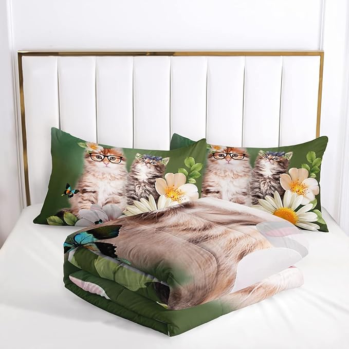 AILONEN Cats Bedding Set Queen Size with Wearing Black Glasses Fluffy Cat Print Comforter Set for Kids Girls, Daisy Flowers Butterfly Soft Breathable Duvet Set 3 Pieces, 1 Quilt and 2 Pillowcases