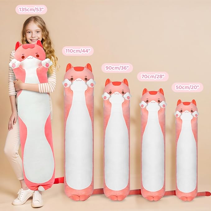 Artist-Designed Ultra Soft Long Cat Plush Body Pillow, Extra Stuffing for Comfort, Premium Quality Stuffed Animal Gift for Girlfriend or Cat Lovers (Pink Cat Body Pillow 36 Inch)