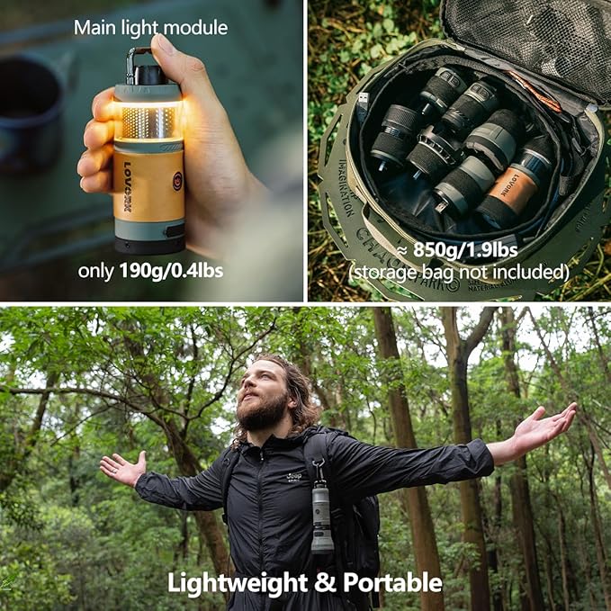 7-in-1 Modular Camping Lantern Rechargeable, 5000mAh, 500LM, IPX4 Waterproof, Fan, Bluetooth, Multi-Function Portable Flashlight, Camping Essentials Set for Emergency, Hiking, Fishing (Green)