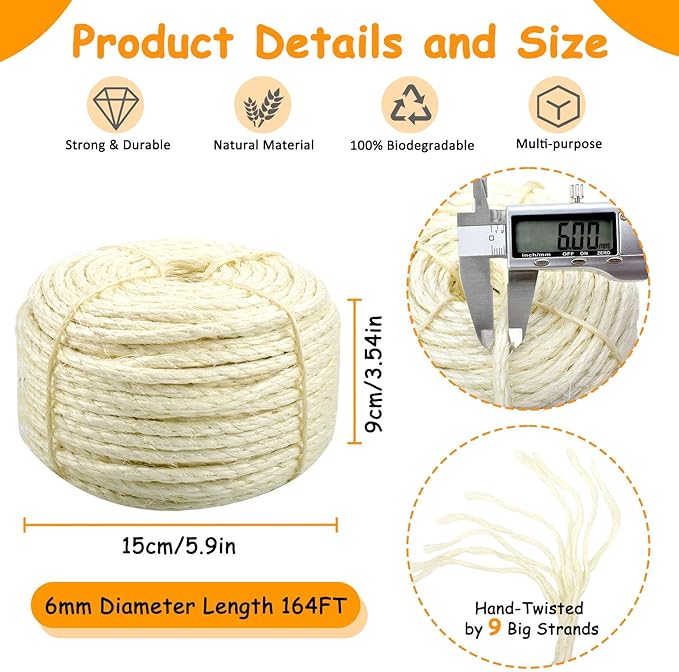 Sisal Rope for Cat Scratcher 1/4" Diameter 164 FT Cat Natural Sisal Rope for Repairing Cat Scratching Post Cat Tower Repair Rope Cat Tree Rope Replace Recovering and DIY