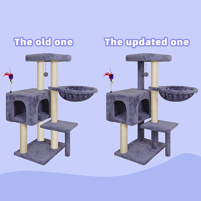 35.4'' Multifunction Cat Tree with Cozy Hammock & Hanging Ball, Cat Tower with Activity Cat Condo & Jute-Covered Scratching Posts, Grey