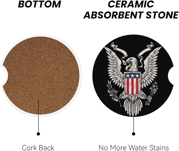 Absorbent Ceramic Car Coasters for Cup Holders, Bald Eagle Design 2.56" Anti Slip Universal Drink Cup Coasters for Women Men (2 Pack)