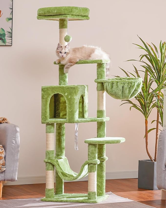 Hey-brother Cat Tree with Large Hammock, Multi-Level Cat Tower for Indoor Cats, Cat Condo with Sisal-Covered Scratching Posts and Top Perch, Green MPJ050GR