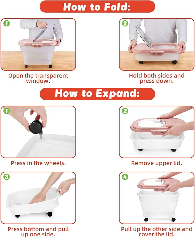 Airtight Pet Food Container, Collapsible Dog Food Storage Container 17-20 lb with Castors, Plastic Dog Food Bin with Pet Food Scoop & Measuring Cup for Dry Food Storage(red)