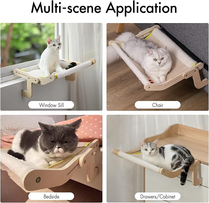 MEWOOFUN Sturdy Larger Cat Window Perch Cat Hammock for Window Cat Window Seat Bed with Reversible Mat No Suction No Drilling Cat Perches Holds Up to 40lbs (Beige-Large)