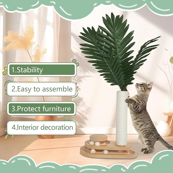Cat Scratching Post, 23.6" Green Leaves Tall Scratching Post, 2 Layer Cat Ball Track Toy with 4 Removable Balls, Interactive Cat Toy with Natural Sisal Scratch Pole