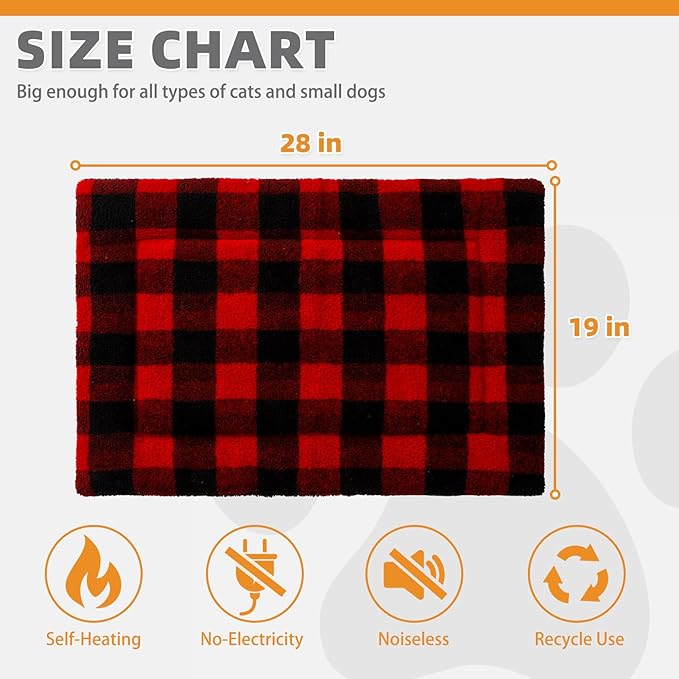 KOOLTAIL Double Used Self Warming Cat Bed Self Heating Cat Dog Mat 28*19inch, Soft Thermal Pet Pad for Indoor Outdoor, Washable Cat Bed Blanket for Large Kitten Puppy Small Animal, Buffalo Plaid Red