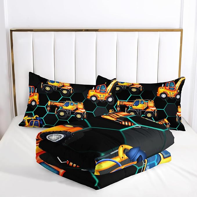 AILONEN Kids Cartoon Excavator Comforter Set Queen Size,Vehicles Construction Truck Bedding Set for Boys Teen,3 Piece Soft Duvet with 2 Pillowcases