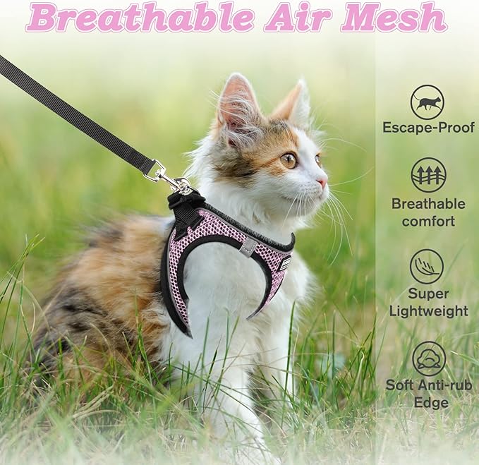 Cat Harness and Leash for Walking Escape Proof, Adjustable Kitten Vest Harness Reflective Soft Mesh Puppy Harness for Outdoor, Comfort Fit, Easy to Control (Lpink, S)