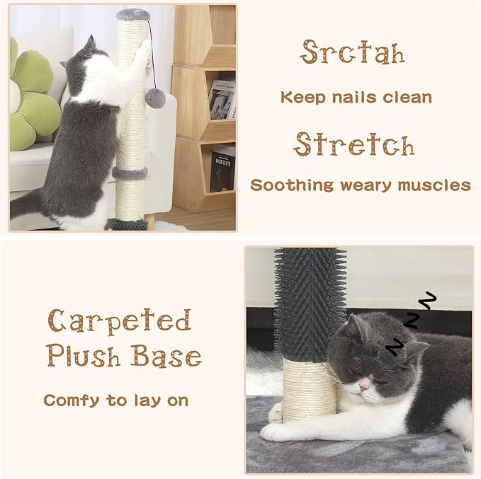 ANWA Tall Cat Scratching Posts for Indoor Cats and Kittens, 32” Vertical Scratching Post with Reinforced Base, Premium Sisal Cat Scratching Post with Dangling Plush Ball and Self-Grooming Brush