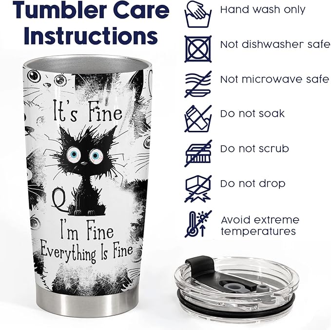 34HD Funny Black Cat Tumbler with Lid, 20oz Stainless Steel Vacuum Insulated Everything Is Fine Cup, Cat Lover Gifts for Women Birthday Mothers Day Halloween Christmas