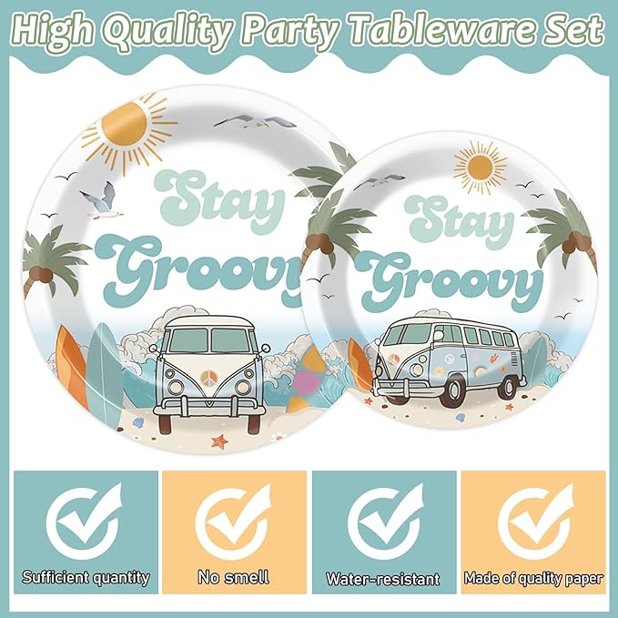 96PCS Summer Beach Party Party Supplies Tableware Set Surfing Hippie Groovy Birthday Party Disposable Dinnerware Plates Napkins Forks for Summer Beach Birthday Baby Shower Decorations for 24 Guests